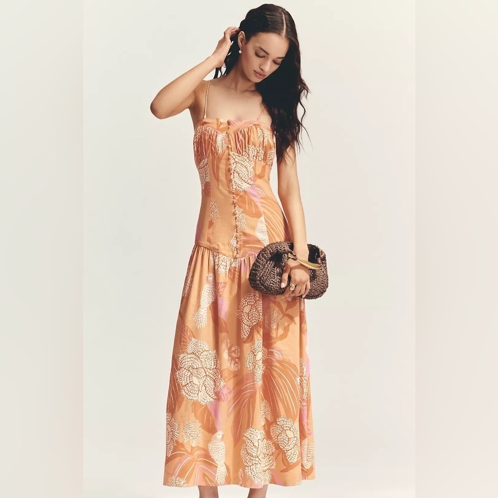 NWT Farm Rio x Anthropologie Linen Blend Strapless Drop-Waist Maxi Dress - Picture 1 of 8